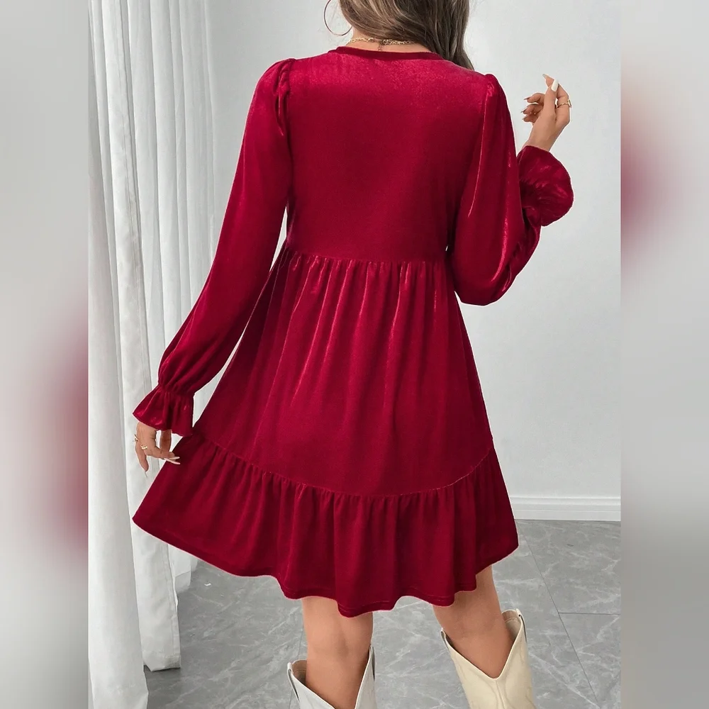 Women Red Velvet Short Dress For Christmas Party - Picture 4 of 4